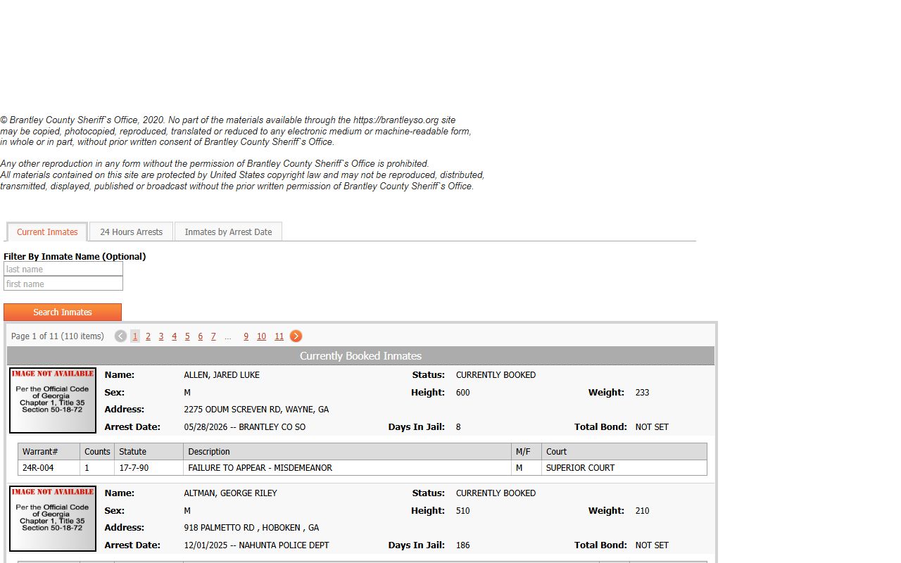 Brantley County Jail inmate roster current inmates search
